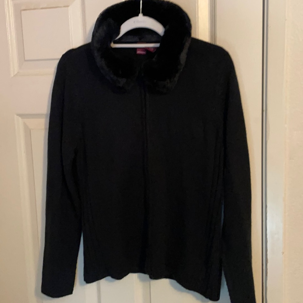 Merona faux fur removable collar Full Zip Front Black acrylic Sweater Size Large
